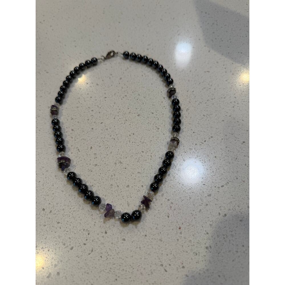 Necklace handmade black, crystal purple accents